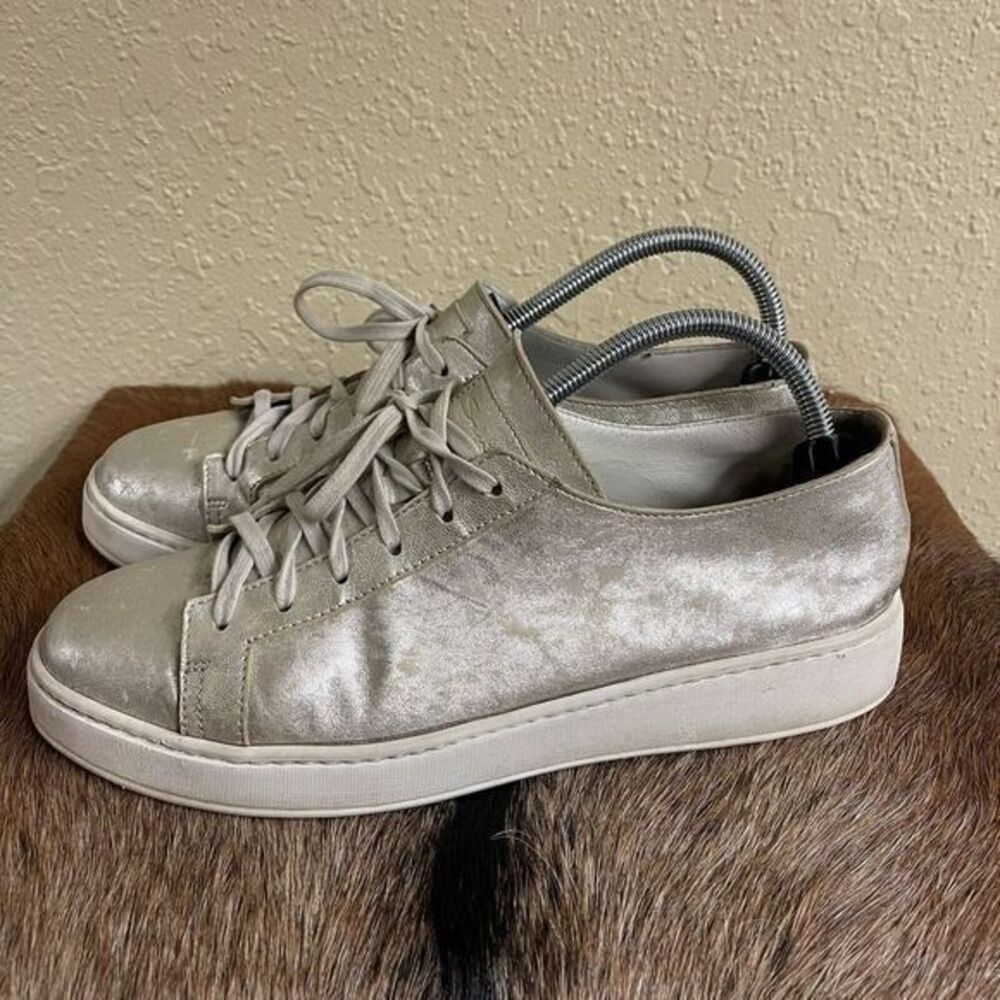 Santoni Womens Euro 41 Silver Leather Low Top Sneakers Distressed Metallic Italy